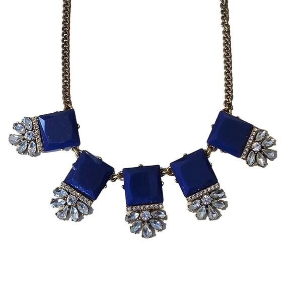 J Crew Art Deco Blue Square & Crystal Statement Necklace on Gold Chain - Picture 1 of 7